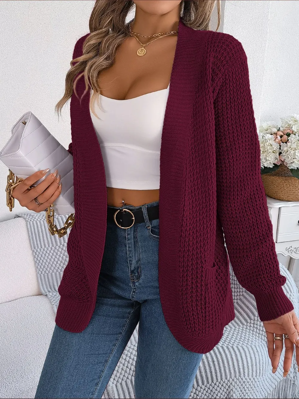 Open Front Long Sleeve Cardigan with Pockets, image 4