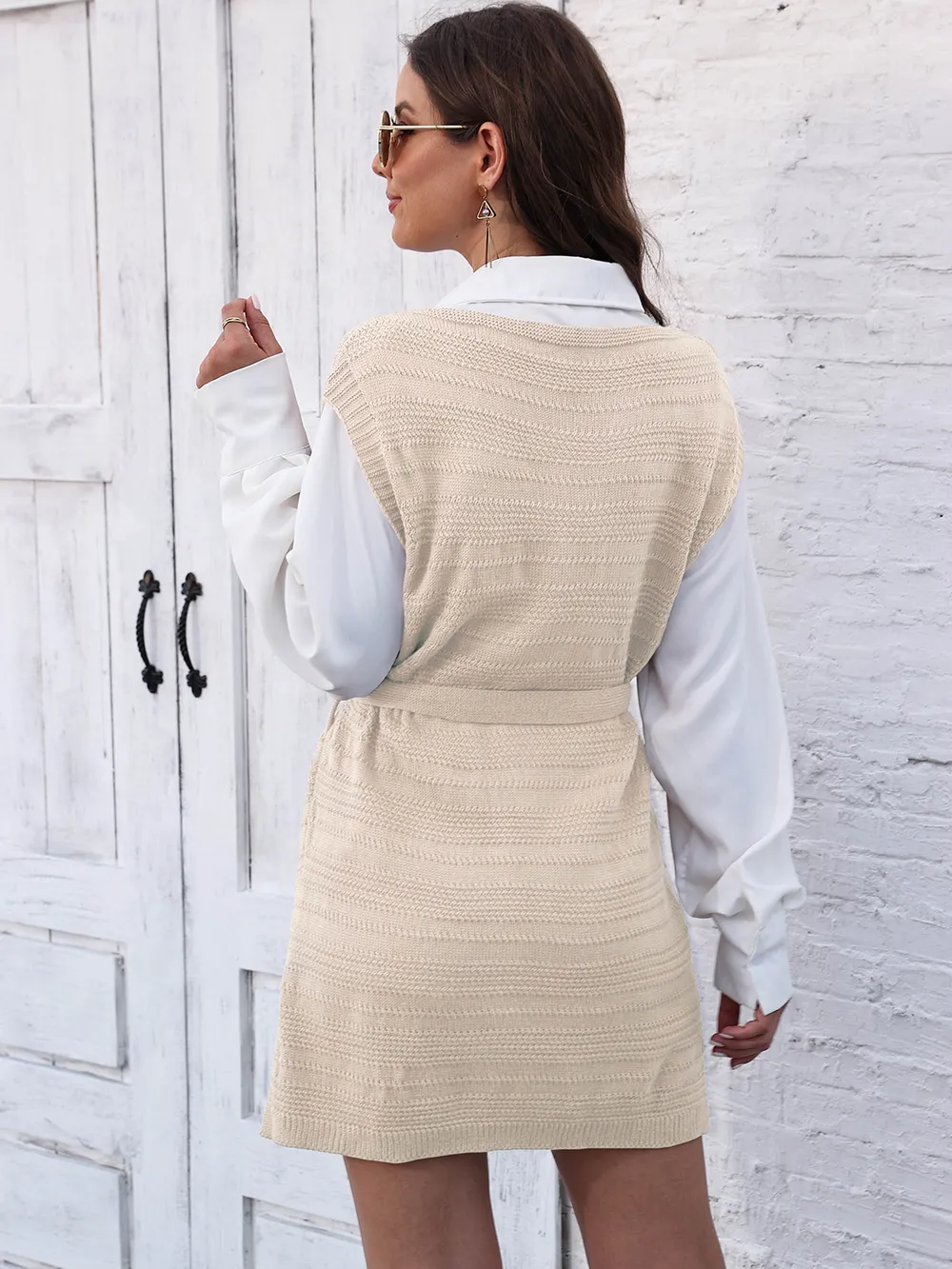 Tie Front V-Neck Sleeveless Slit Sweater Dress, image 16