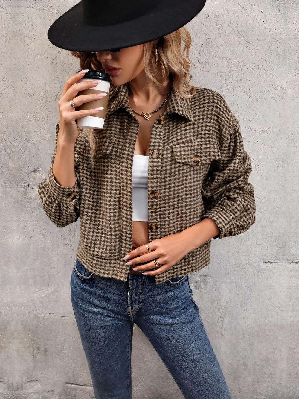 Houndstooth Collared Neck Button Up Jacket, image 2