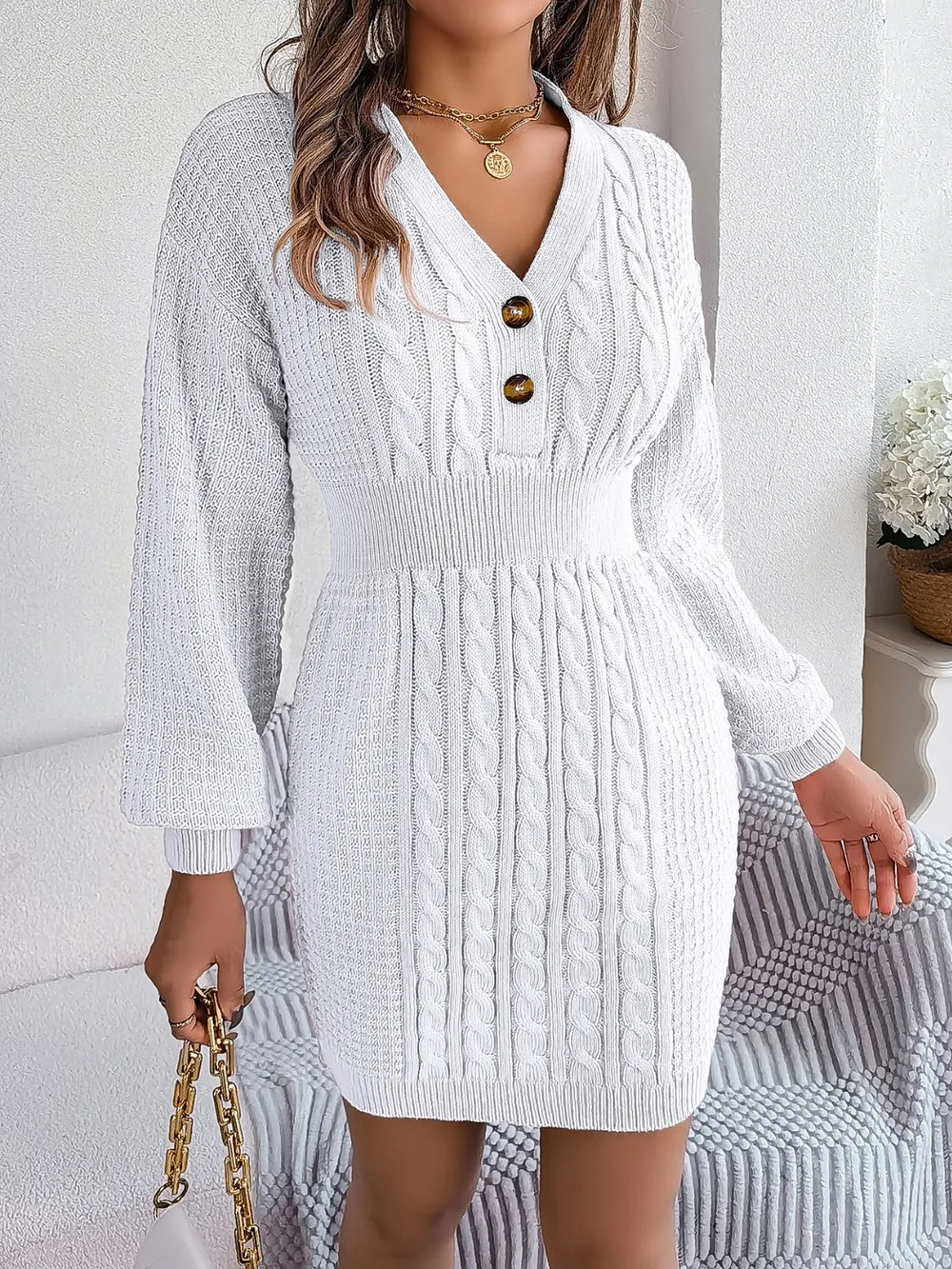 Buttoned Cable-Knit V-Neck Sweater Dress, image 6