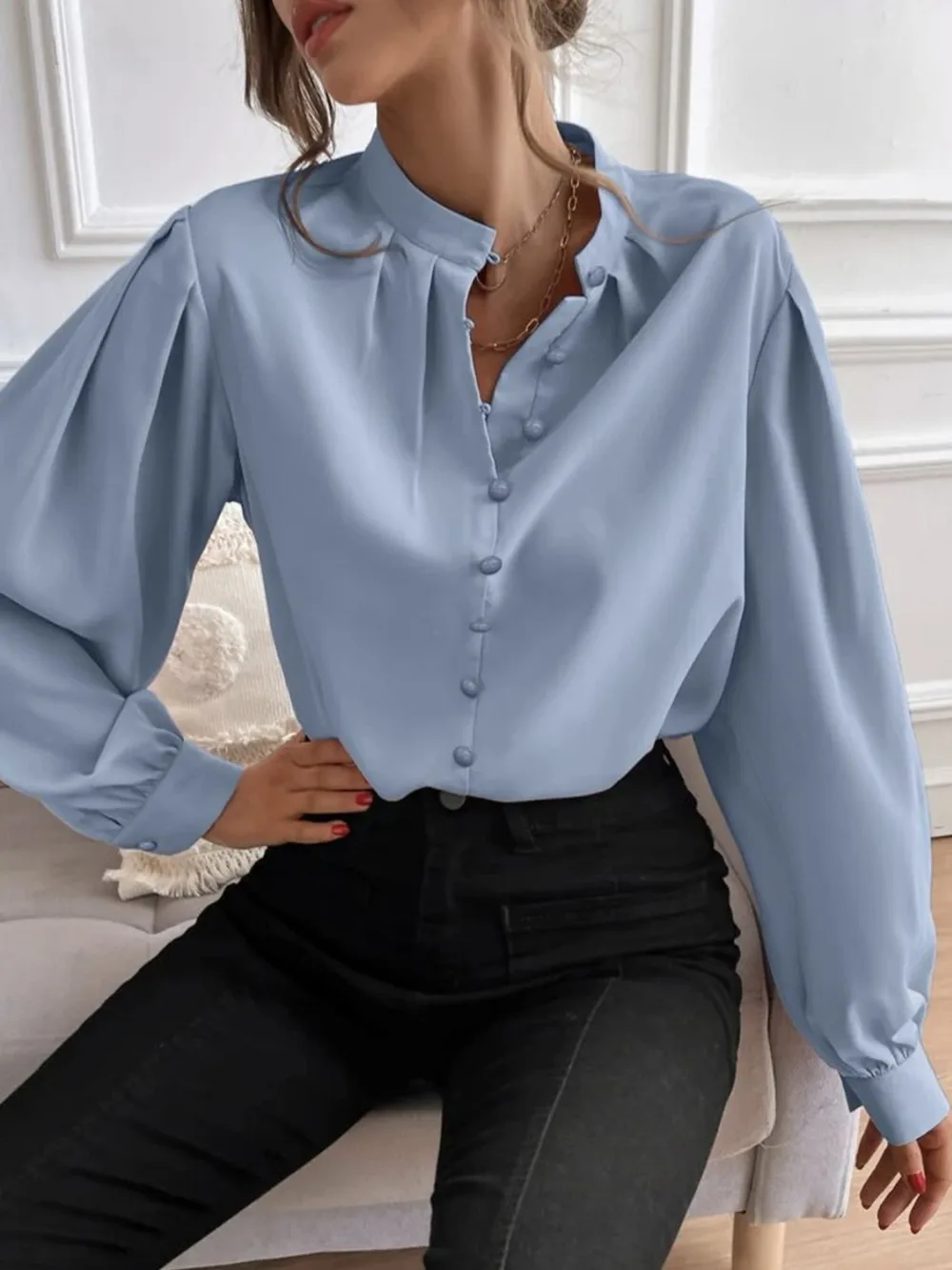 Mock Neck Button Front Shirt, image 11