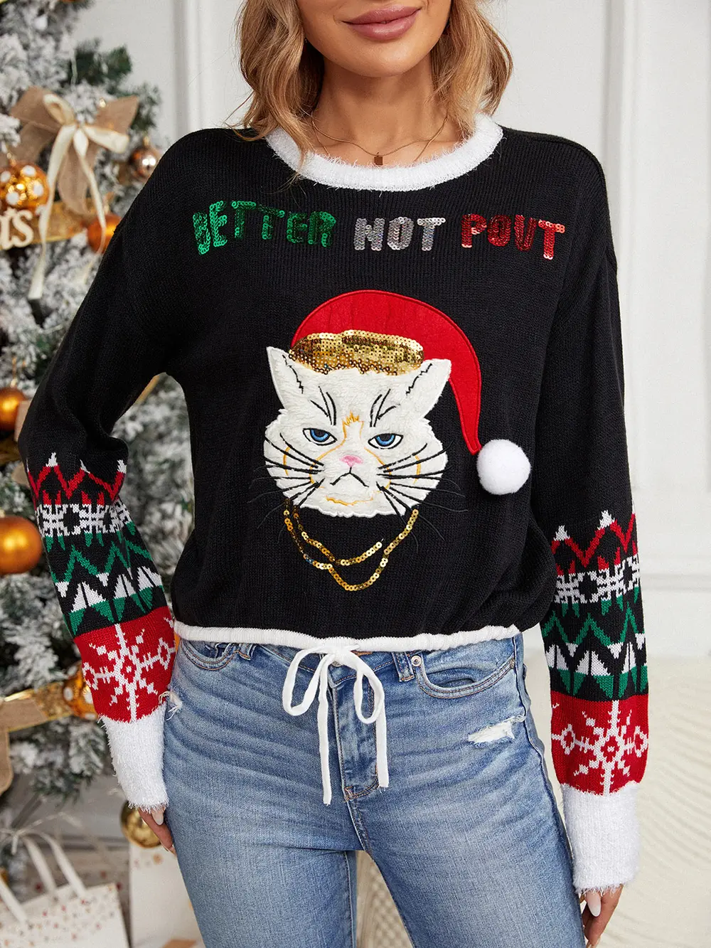 Sequin Drawstring Long Sleeve Sweater, image 2