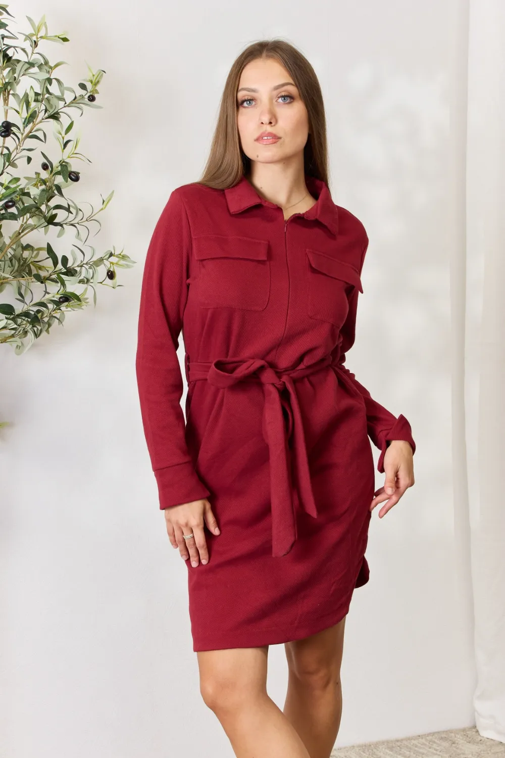 Full Size Tie Front Half Zip Long Sleeve Shirt Dress, image 8
