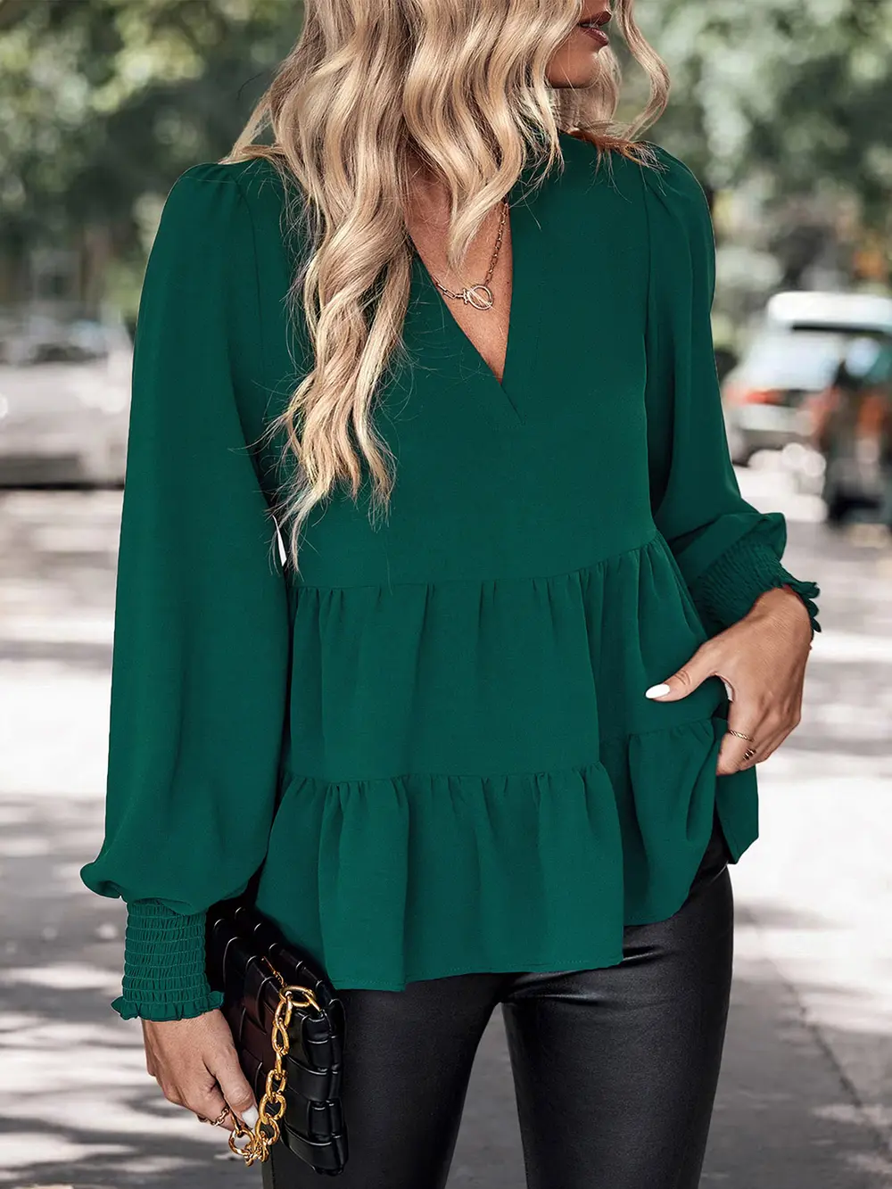 Notched Neck Lantern Sleeve Blouse, image 4