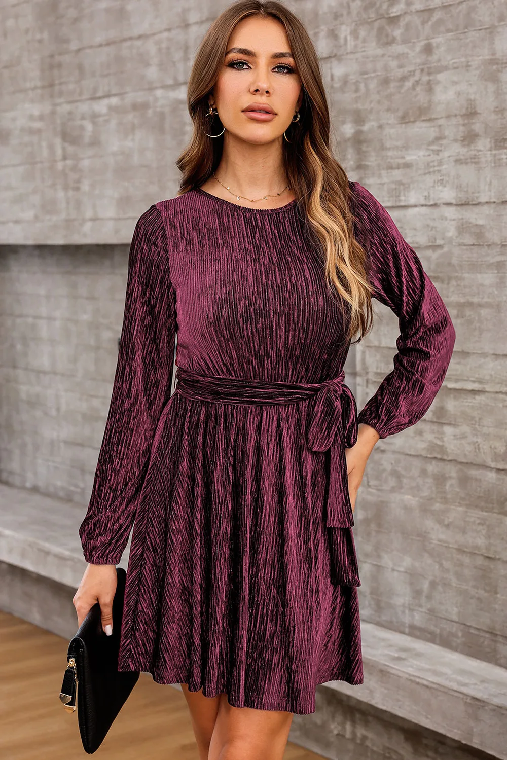 Round Neck Tie Front Long Sleeve Dress, image 2