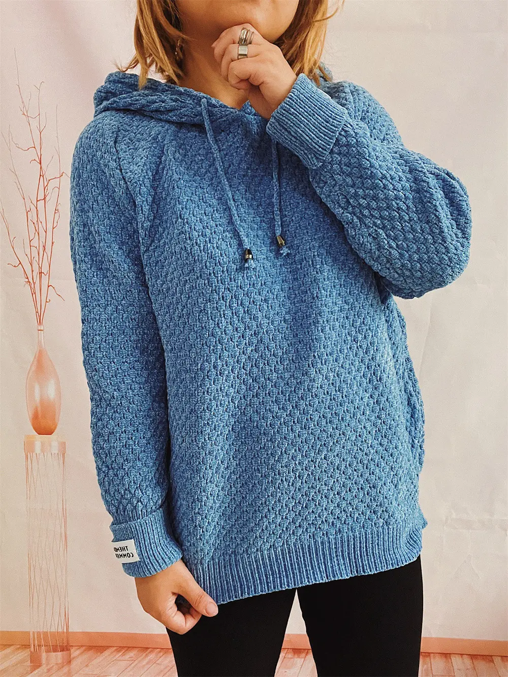 Drawstring Long Sleeve Hooded Sweater, image 3