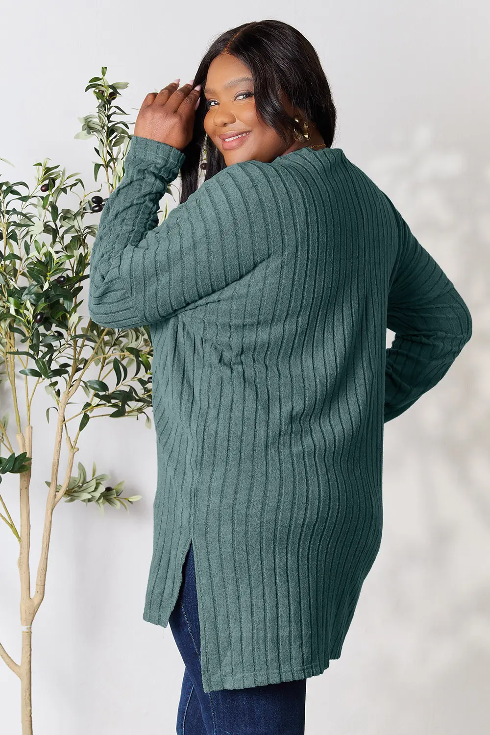 Full Size Ribbed Round Neck Long Sleeve Slit Top, image 3
