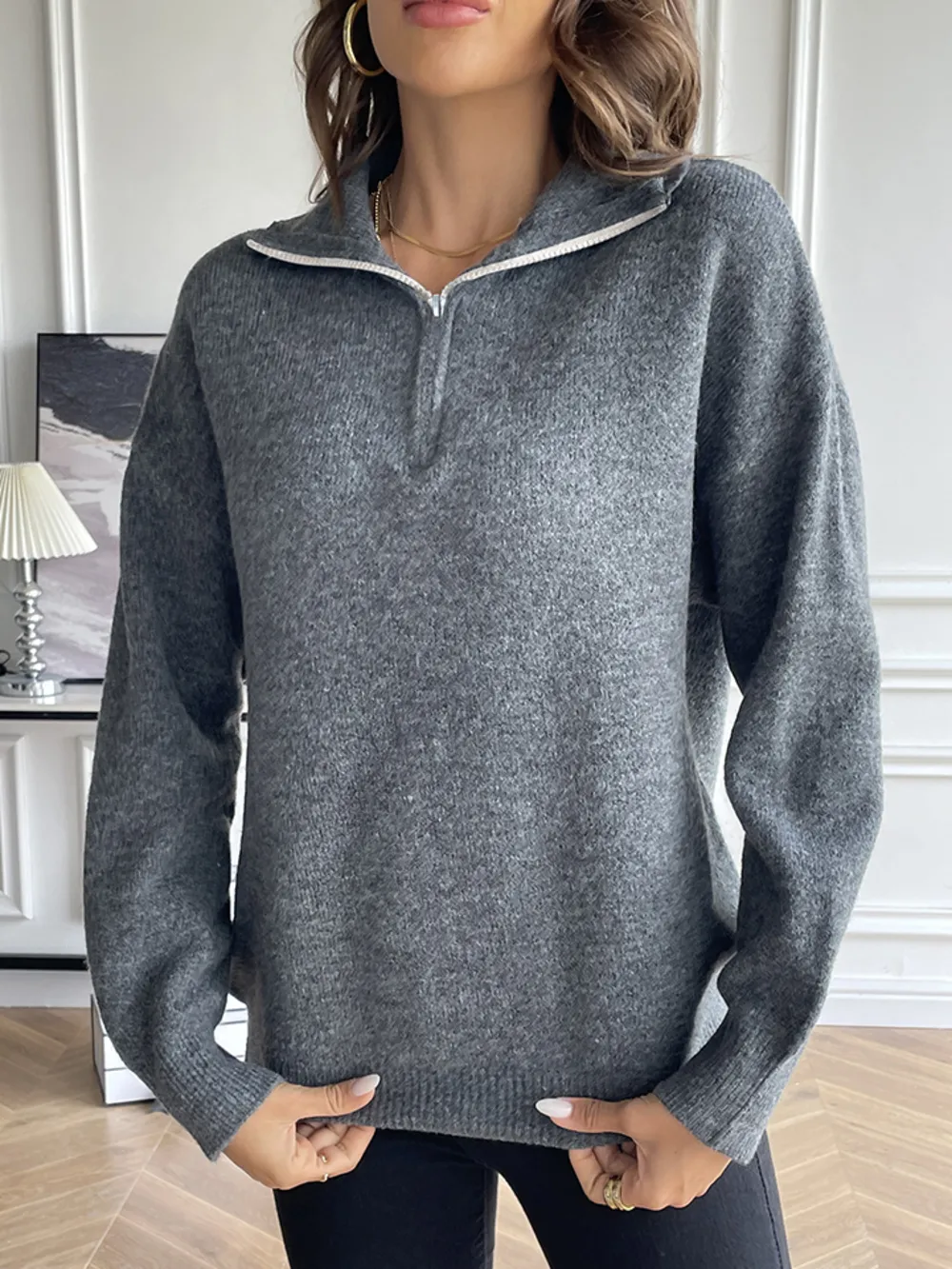 Half Zip Dropped Shoulder Sweater, image 2