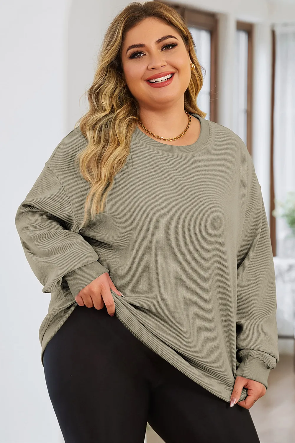 Plus Size Round Neck Dropped Shoulder Sweatshirt, image 2