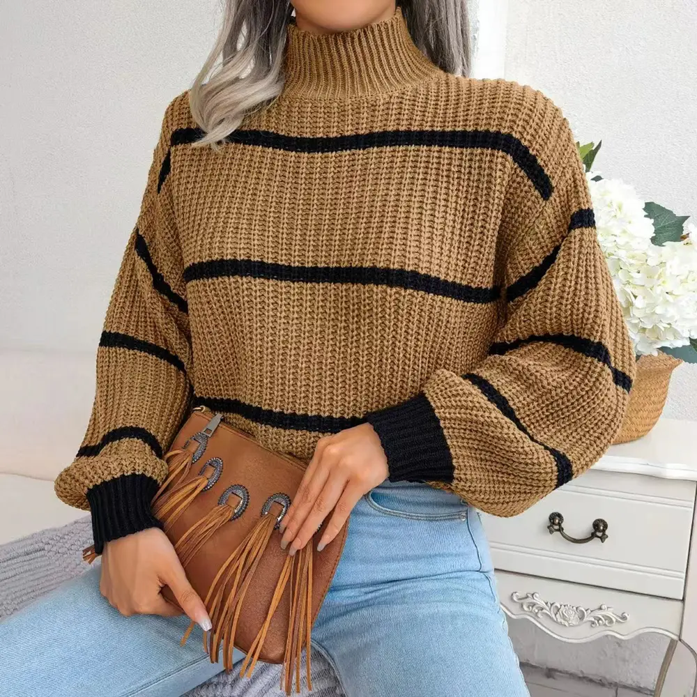 Striped Mock Neck Dropped Shoulder Sweater, image 5