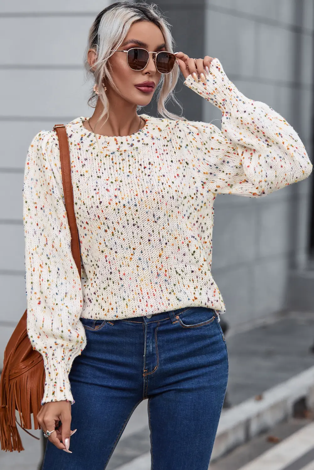 Heathered Round Neck Lantern Sleeve Sweater, image 3