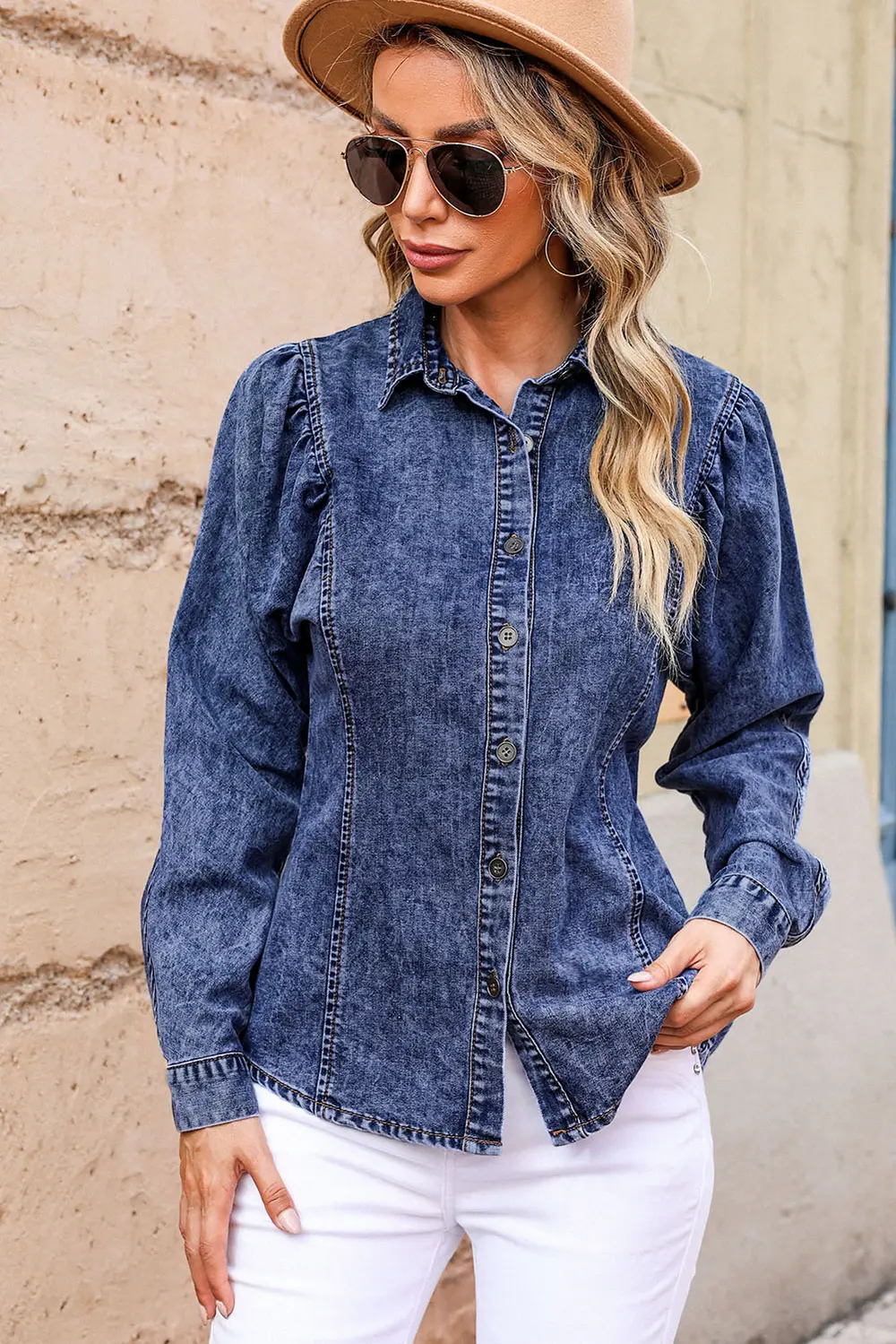 Button Up Collared Neck Denim Top, image 6