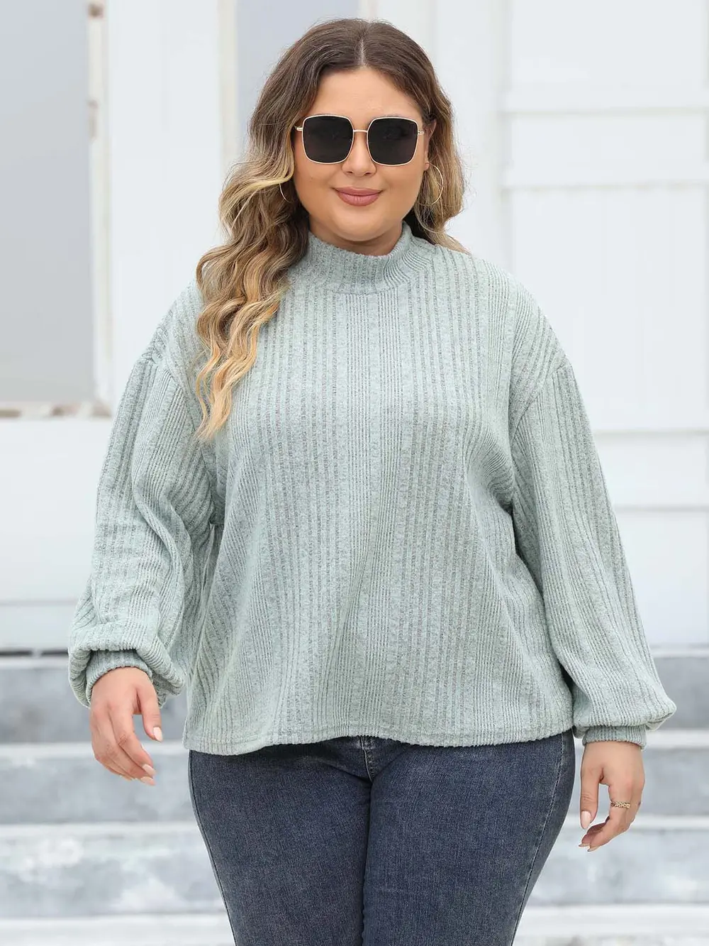 Plus Size Mock Neck Long Sleeve Knit Top, image 5