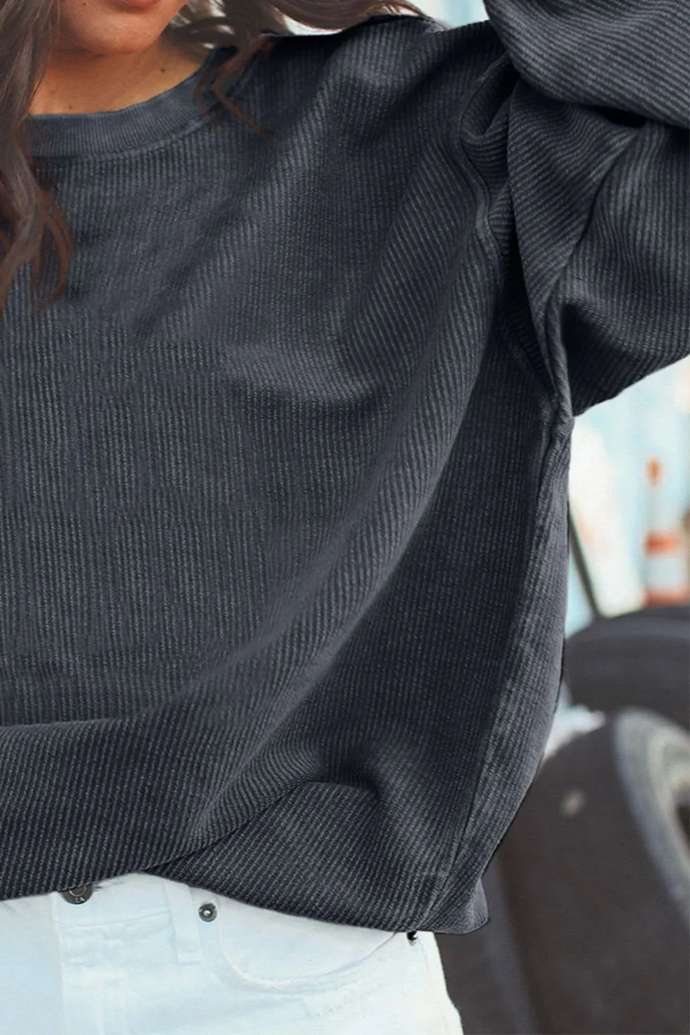 Ribbed Round Neck Drop Shoulder Sweatshirt, image 3