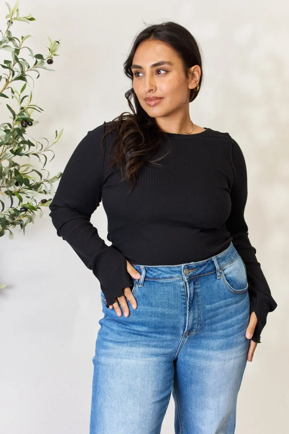 Full Size Ribbed Round Neck Long Sleeve Top, image 3