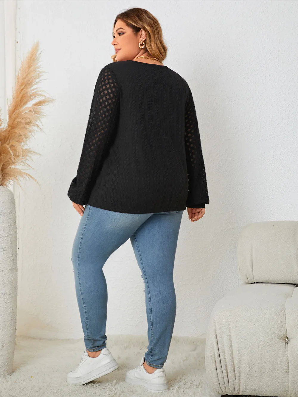 Plus Size Openwork Notched Button Front Blouse, image 2