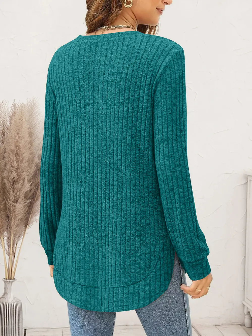Ribbed Round Neck Long Sleeve T-Shirt, image 9