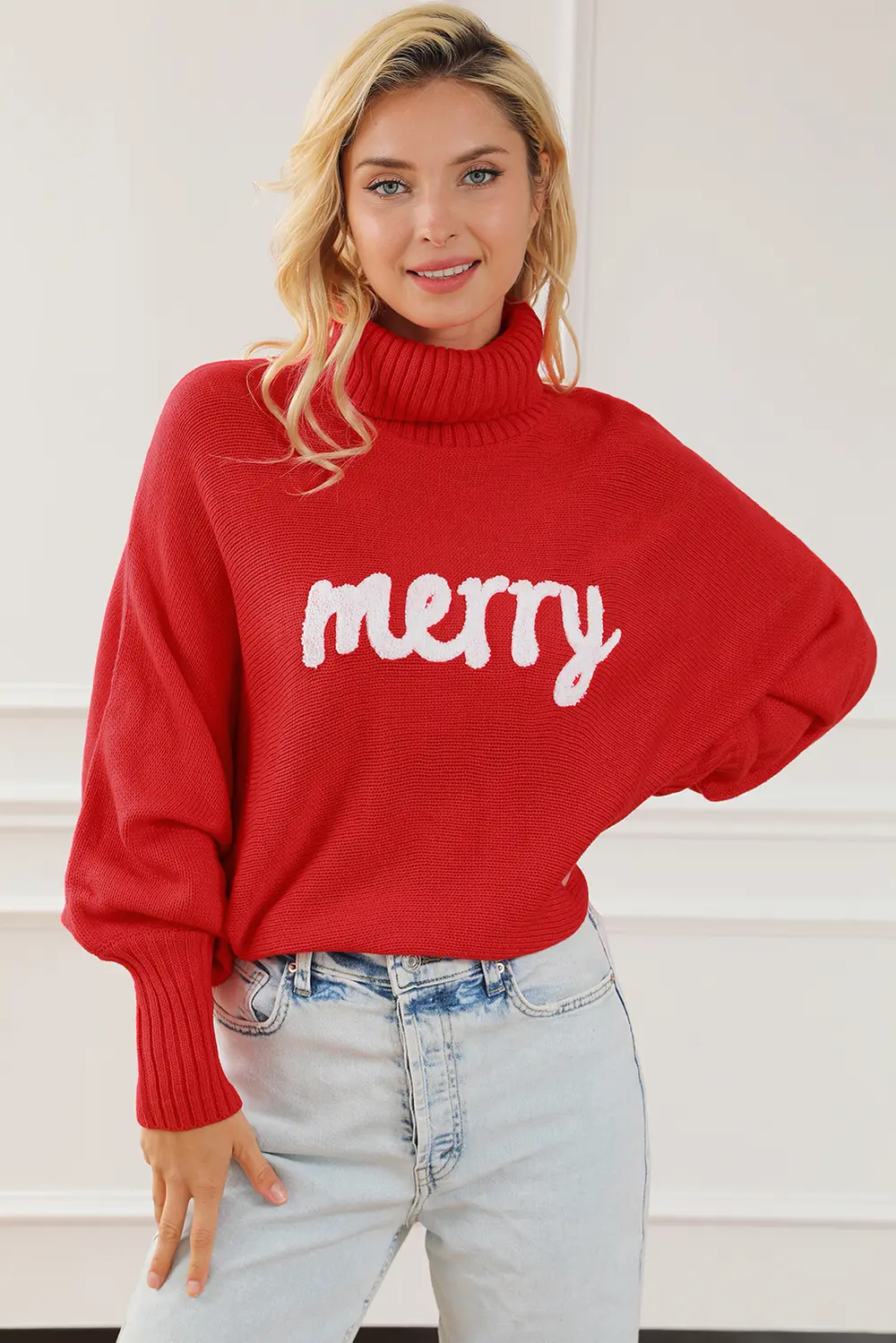 Merry Letter Embroidered High Neck Sweater, image 2