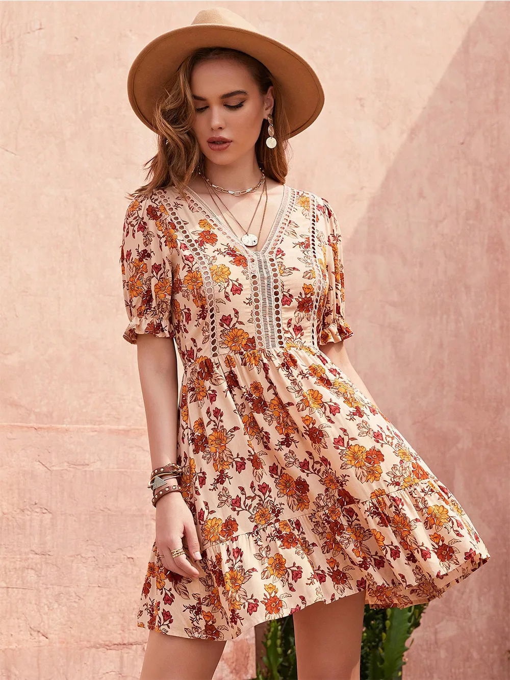 Floral V-Neck Flounce Sleeve Ruffle Hem Dress, image 2