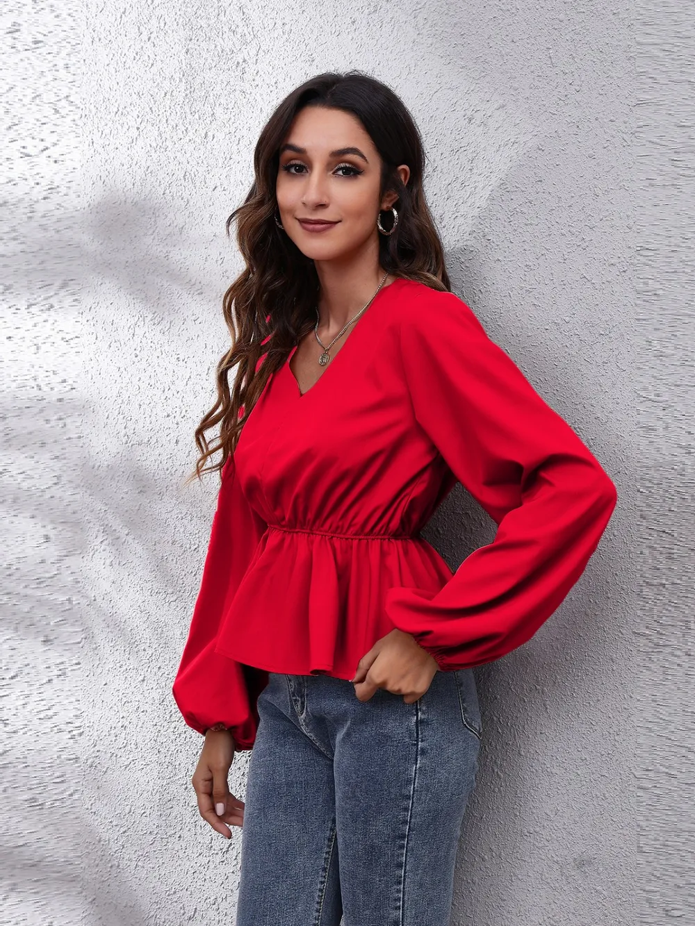 V-Neck Balloon Sleeve Peplum Blouse, image 13