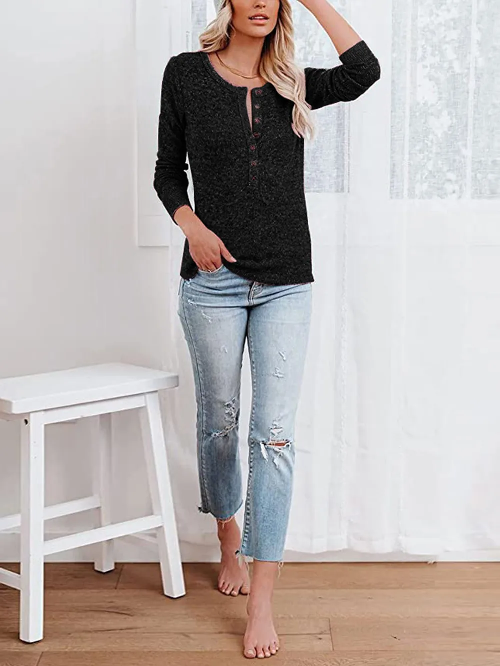 Round Neck Buttoned Long Sleeve T-Shirt, image 9