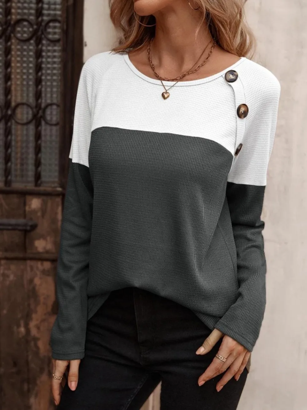 Contrast Round Neck Long Sleeve T-Shirt, image 8