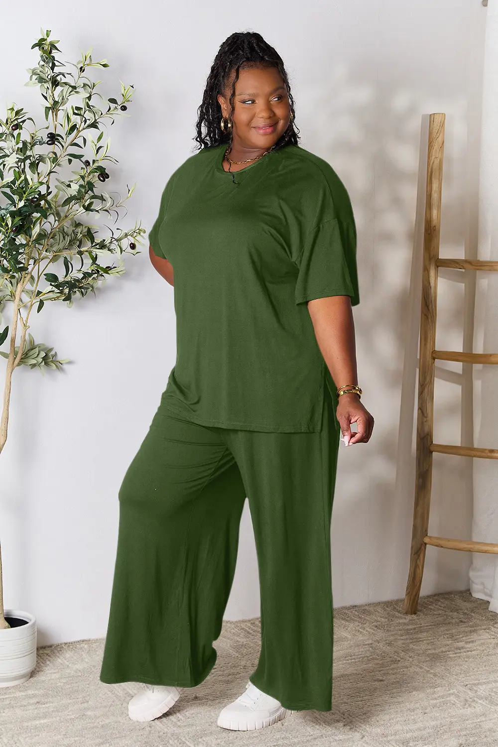 Full Size Round Neck Slit Top and Pants Set, image 2