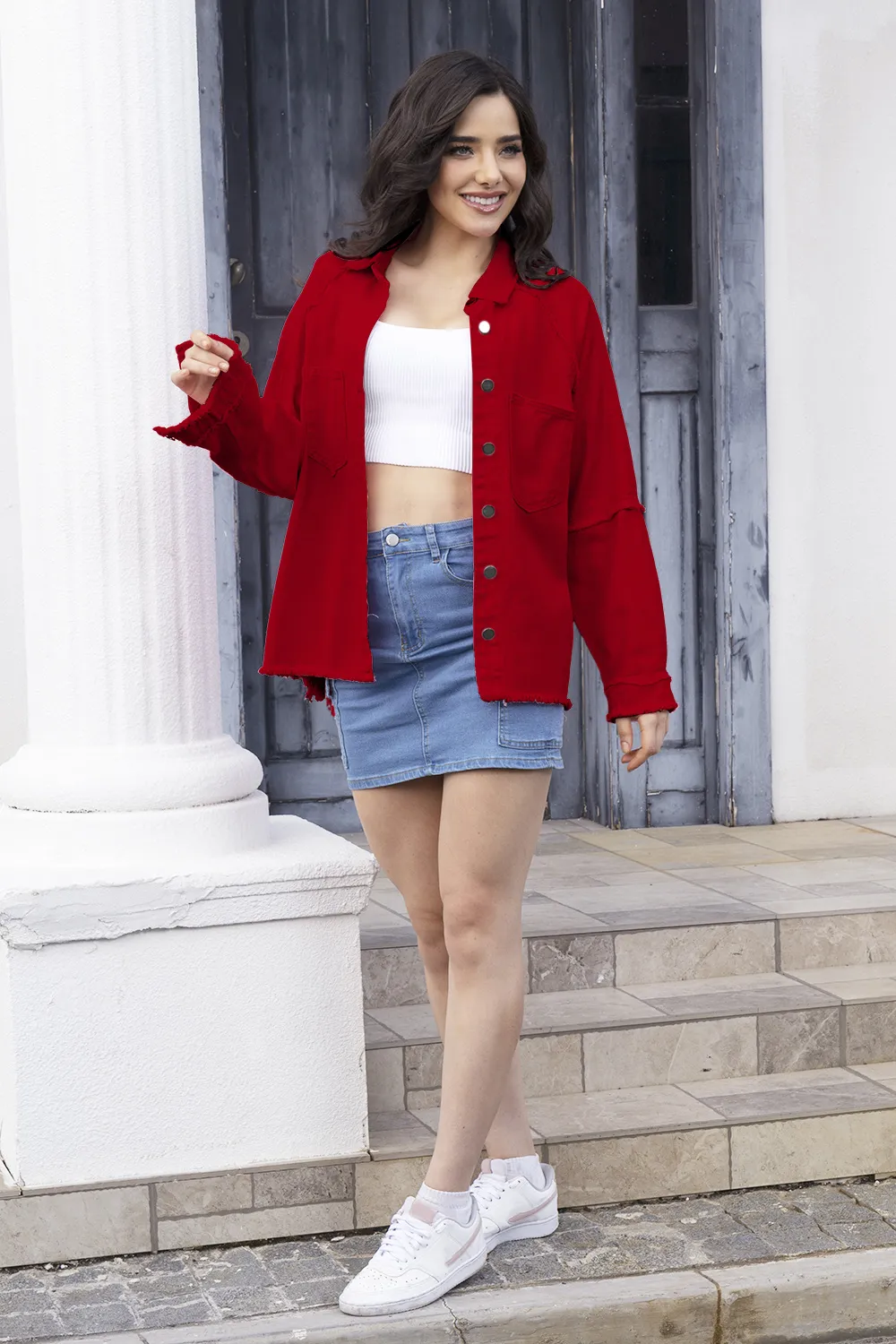 Raw Hem Pocketed Collared Neck Denim Jacket, image 12