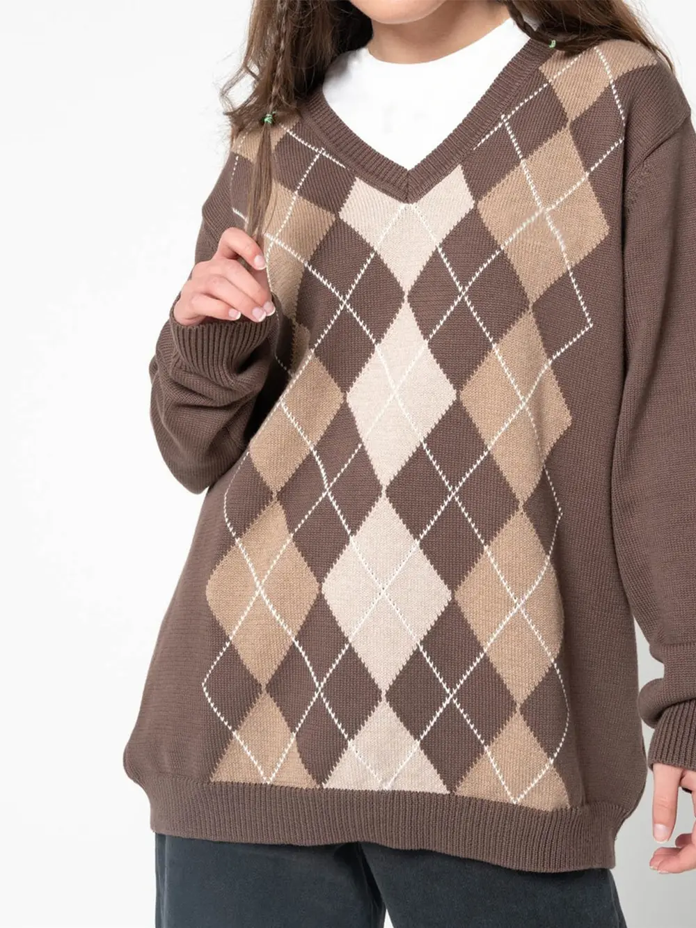 Geometric V-Neck Long Sleeve Sweater, image 2