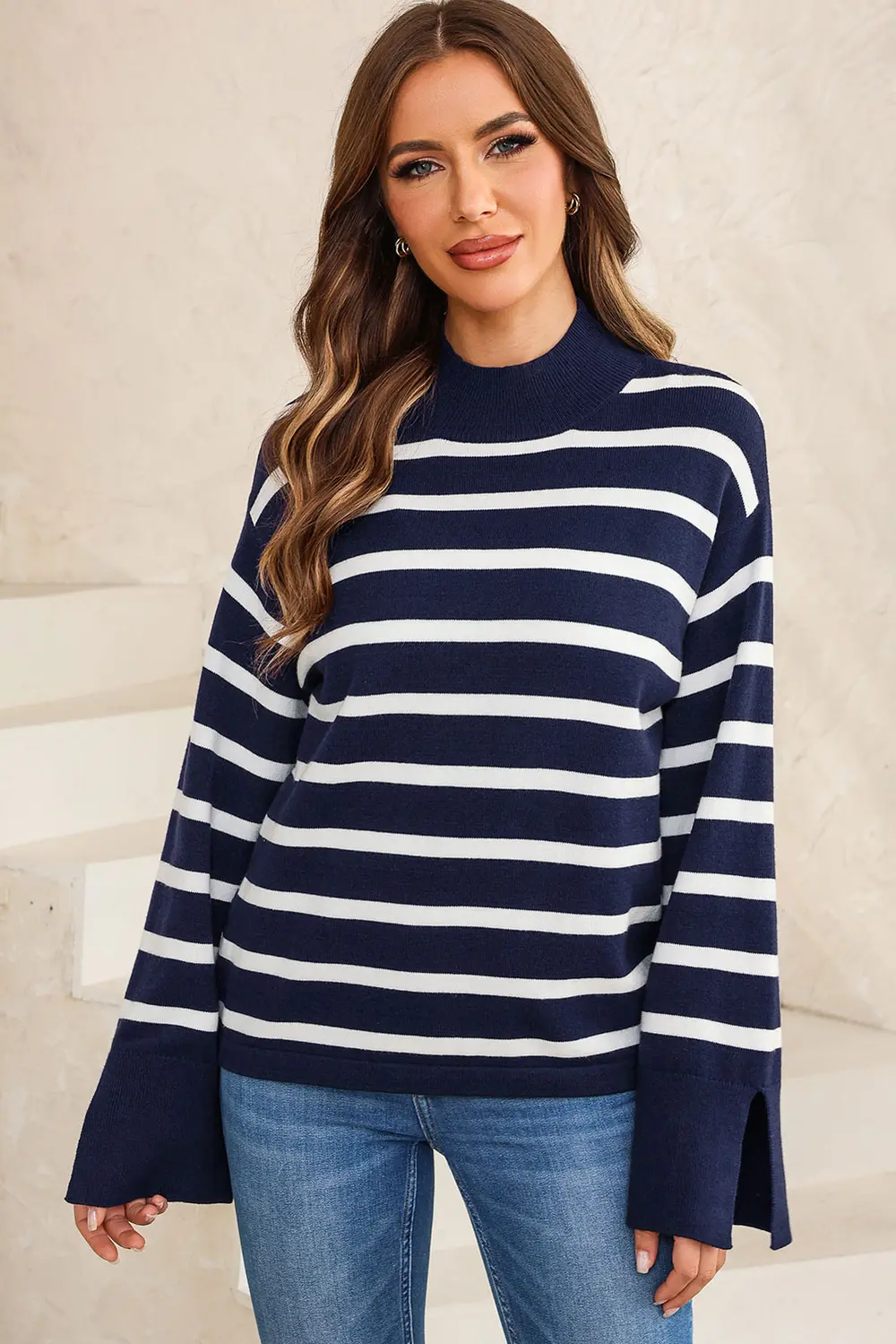 Striped Slit Drop Shoulder Sweater, image 4