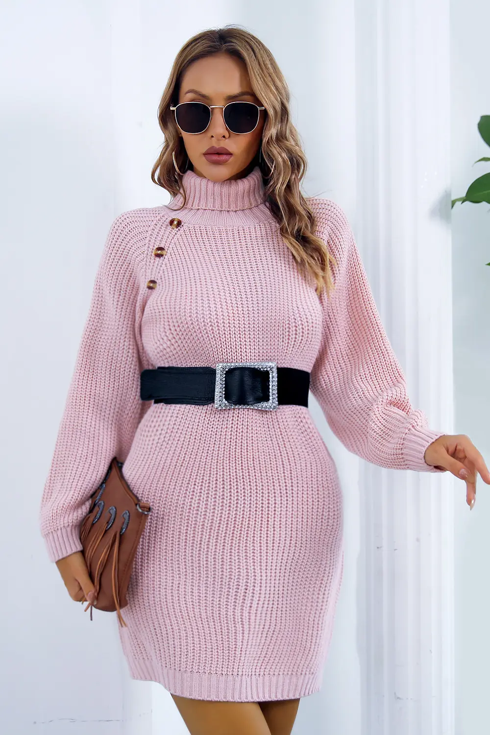 Buttoned Turtleneck Long Sleeve Sweater Dress, image 8