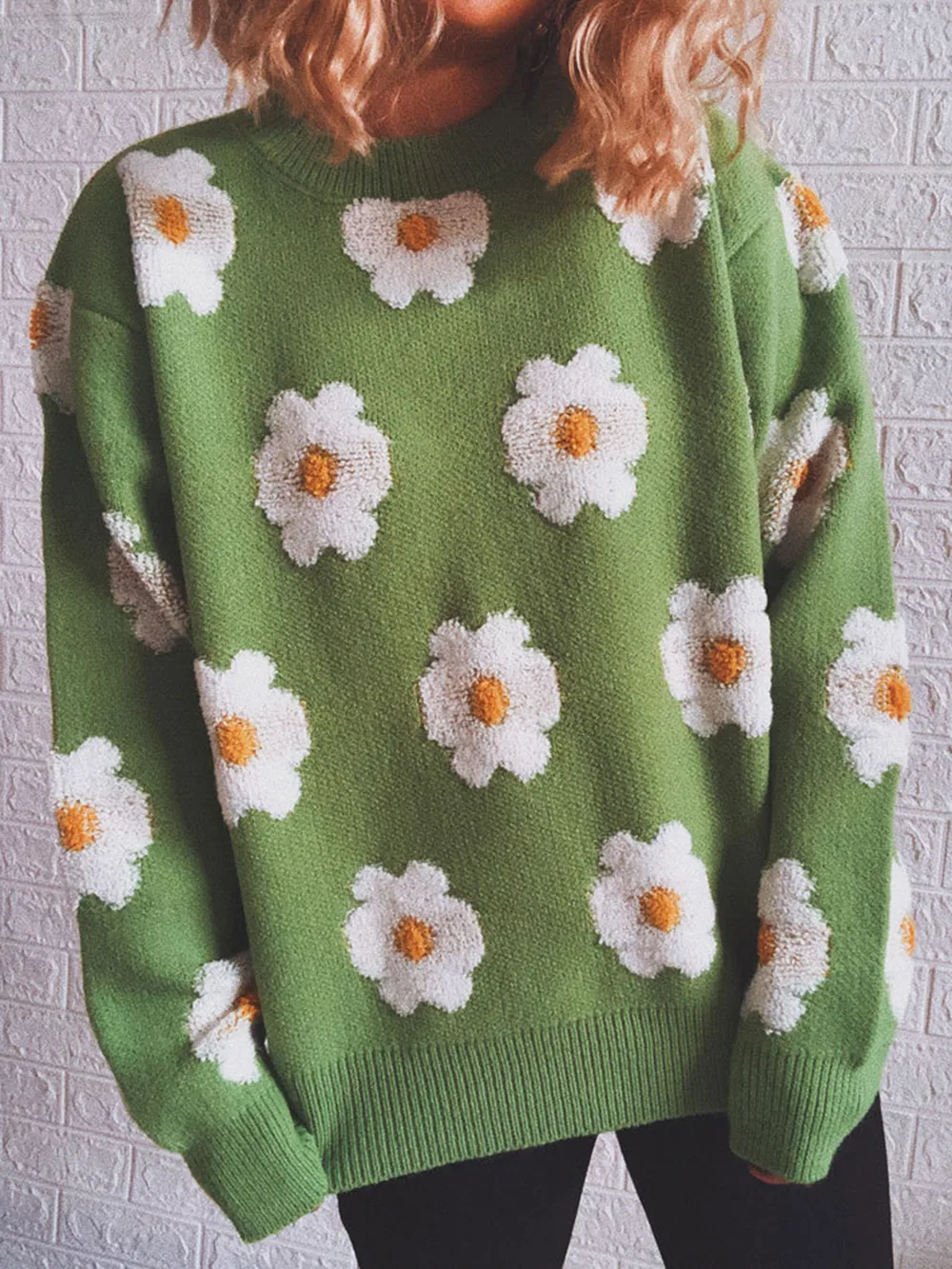 Flower Round Neck Long Sleeve Sweater, image 2