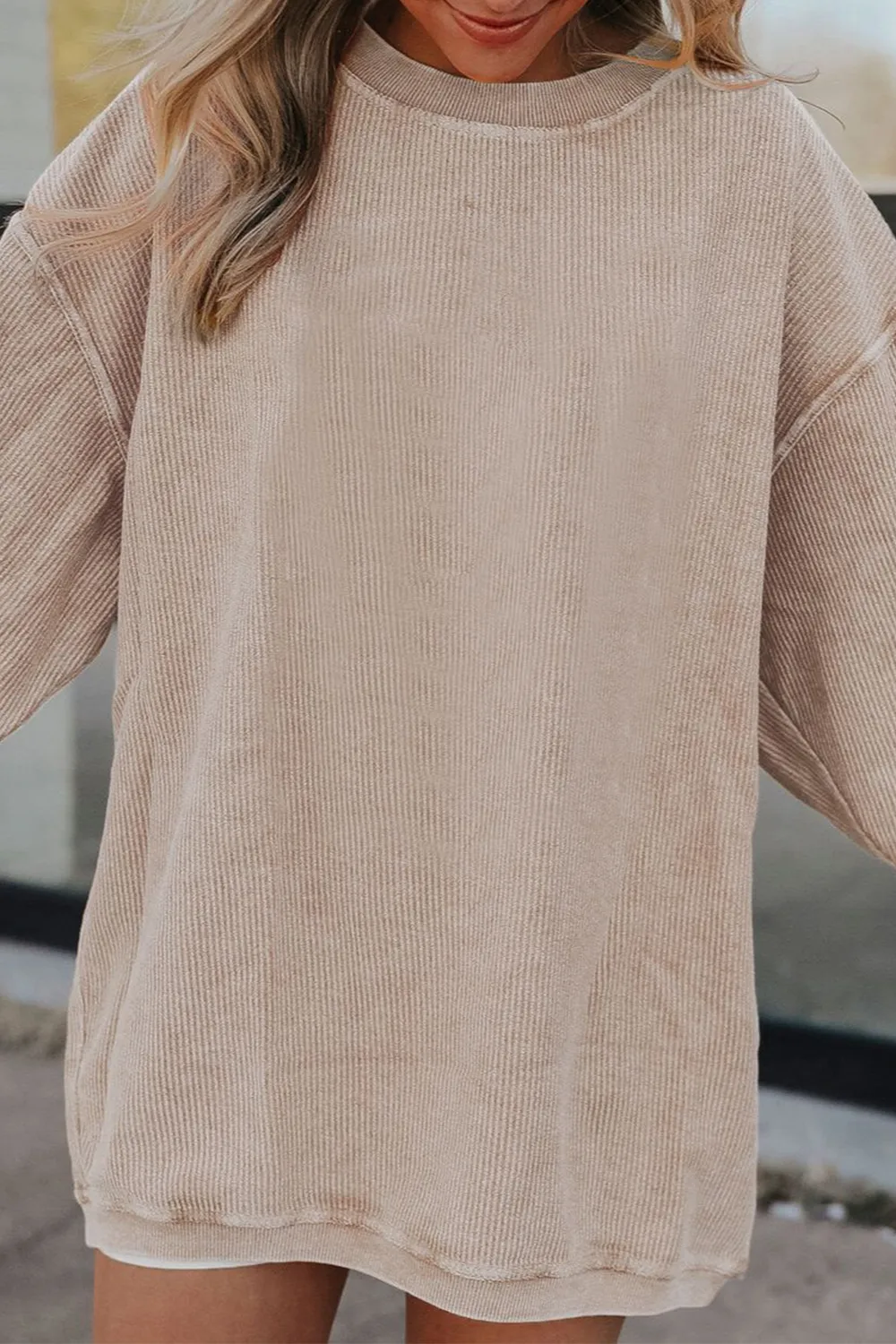 Ribbed Round Neck Drop Shoulder Sweatshirt, image 4