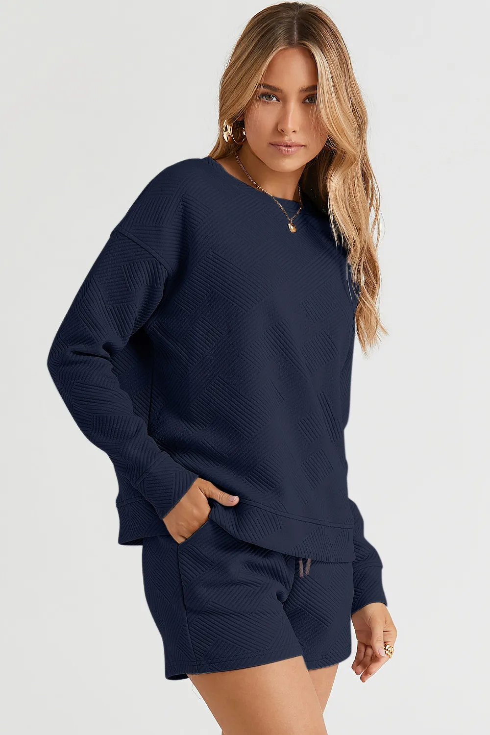 Full Size Texture Long Sleeve Top and Drawstring Shorts Set, image 2