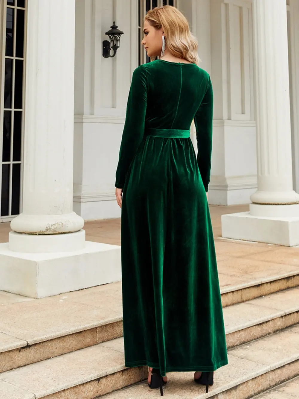 Tie Front Round Neck Long Sleeve Maxi Dress, image 2