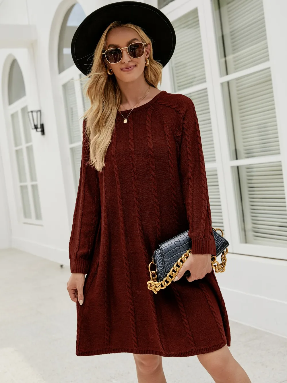 Cable-Knit Long Sleeve Sweater Dress, image 7