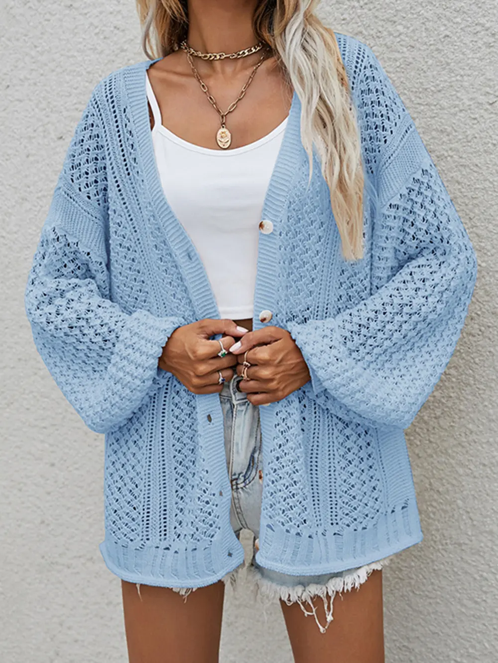 Openwork Button Front Cardigan, image 2
