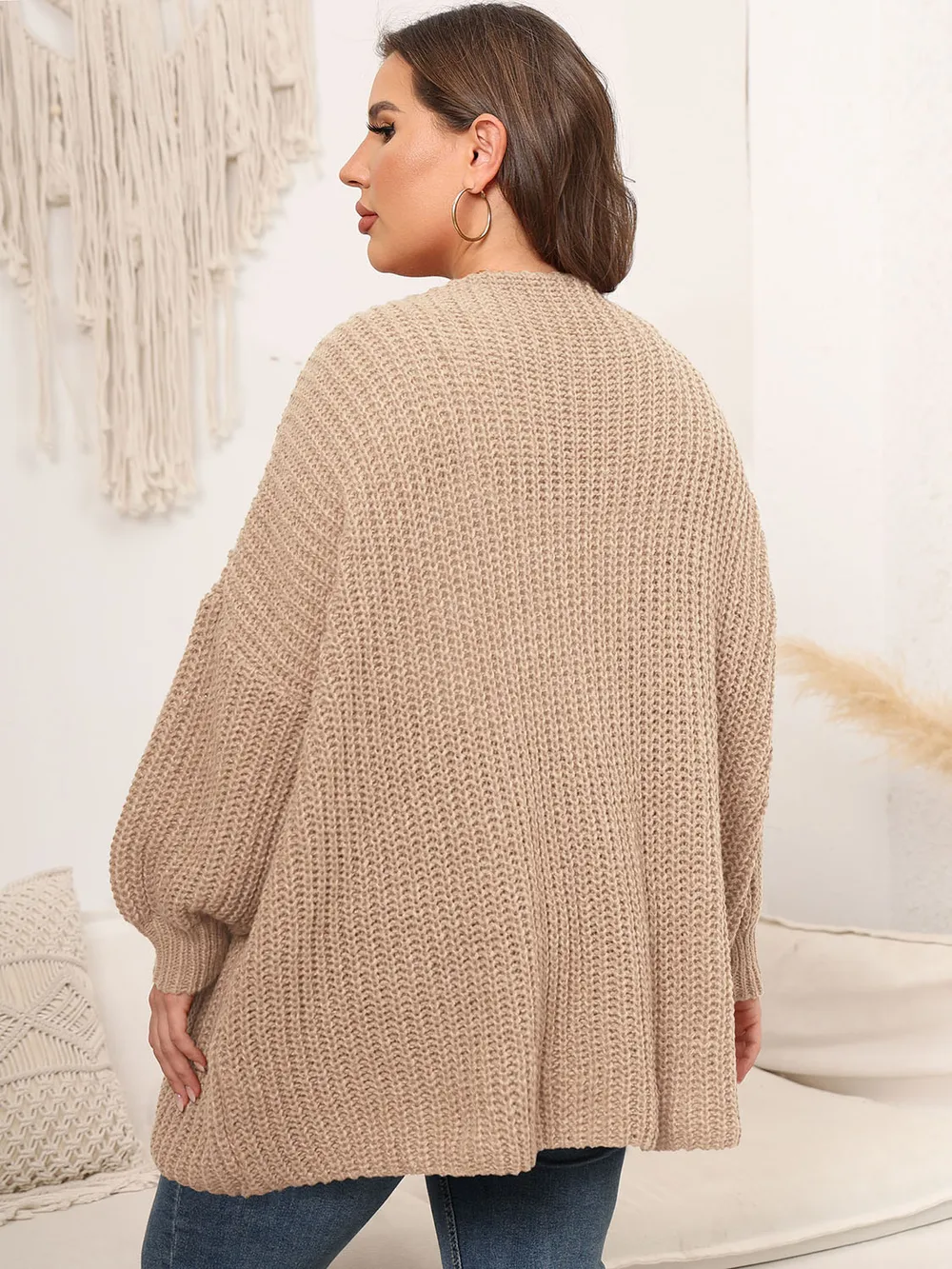 Plus Size Open Front Dropped Shoulder Knit Cardigan, image 8