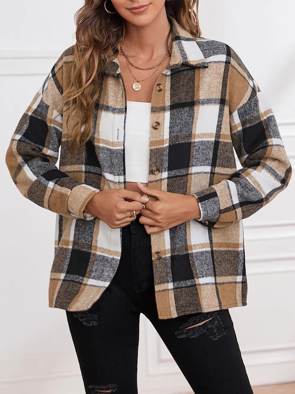 Plaid Collared Neck Button Down Jacket, image 5