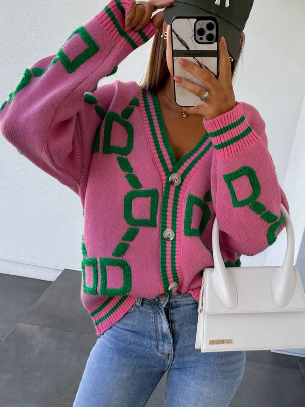 Geometric Dropped Shoulder Button Down Cardigan, image 2