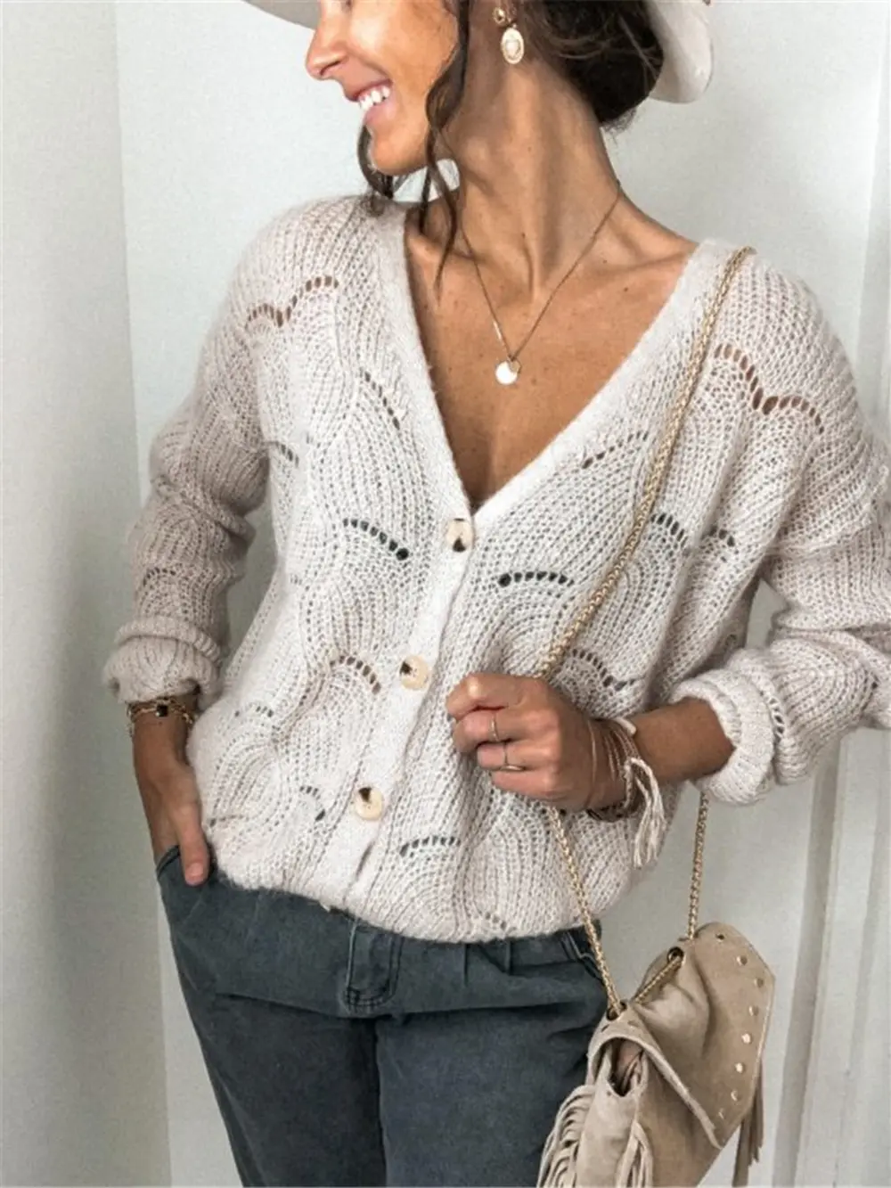 Openwork Button Up Long Sleeve Cardigan, image 3