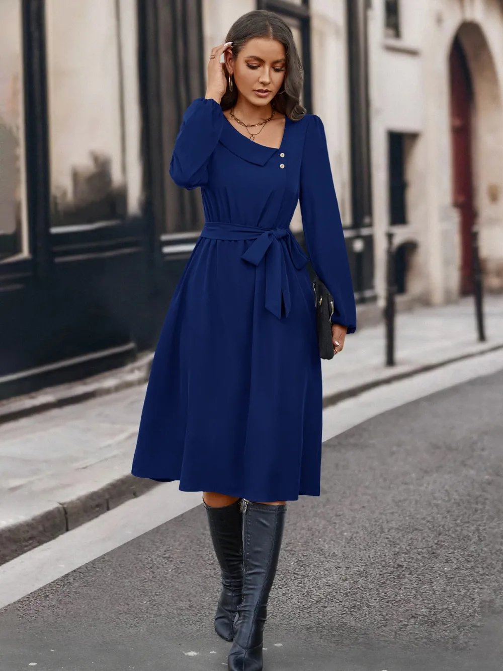 Buttoned Tie Front Long Sleeve Asymmetrical Neck Dress, image 3