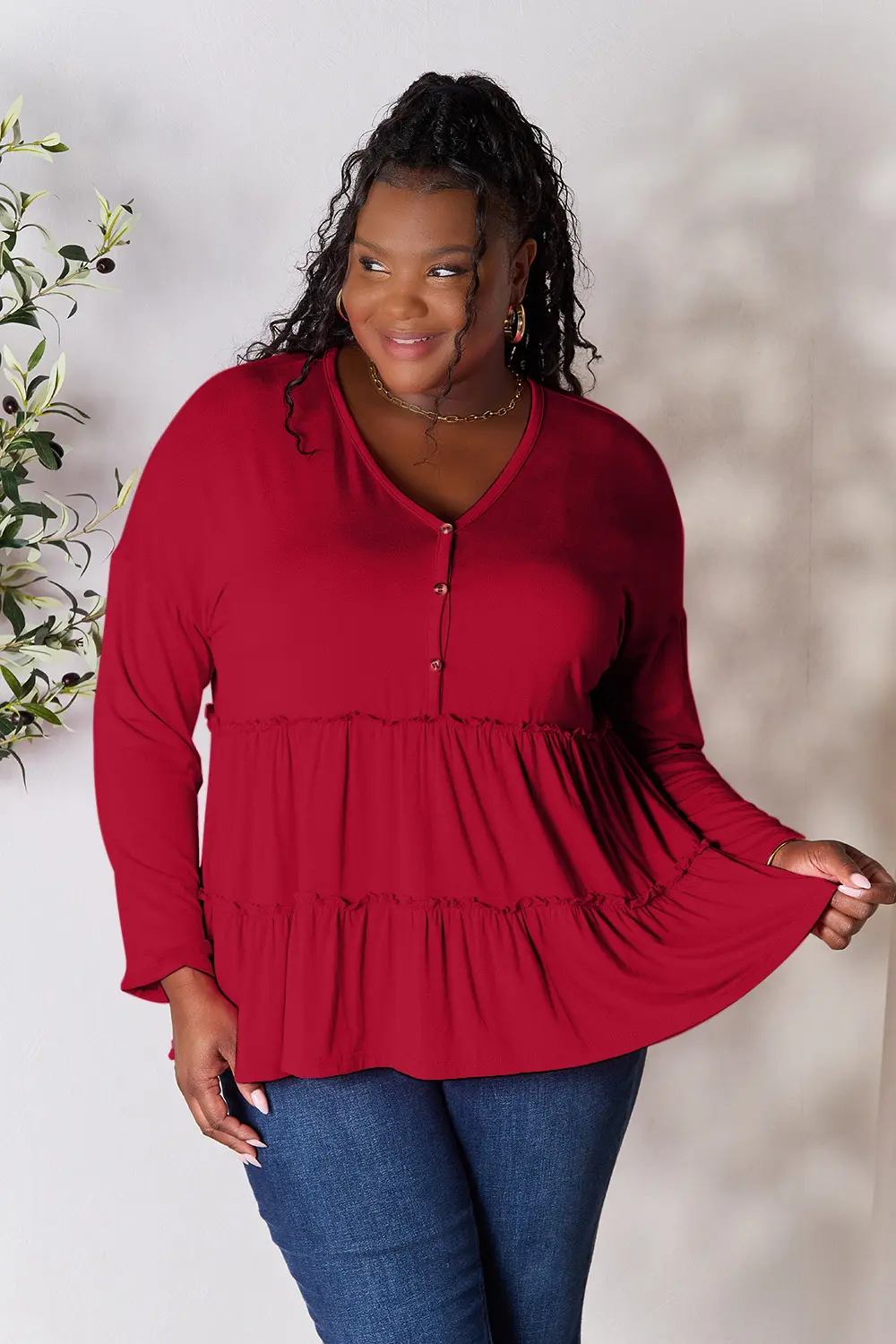 Half Button Long Sleeve Ruffle Hem Blouse, image 2