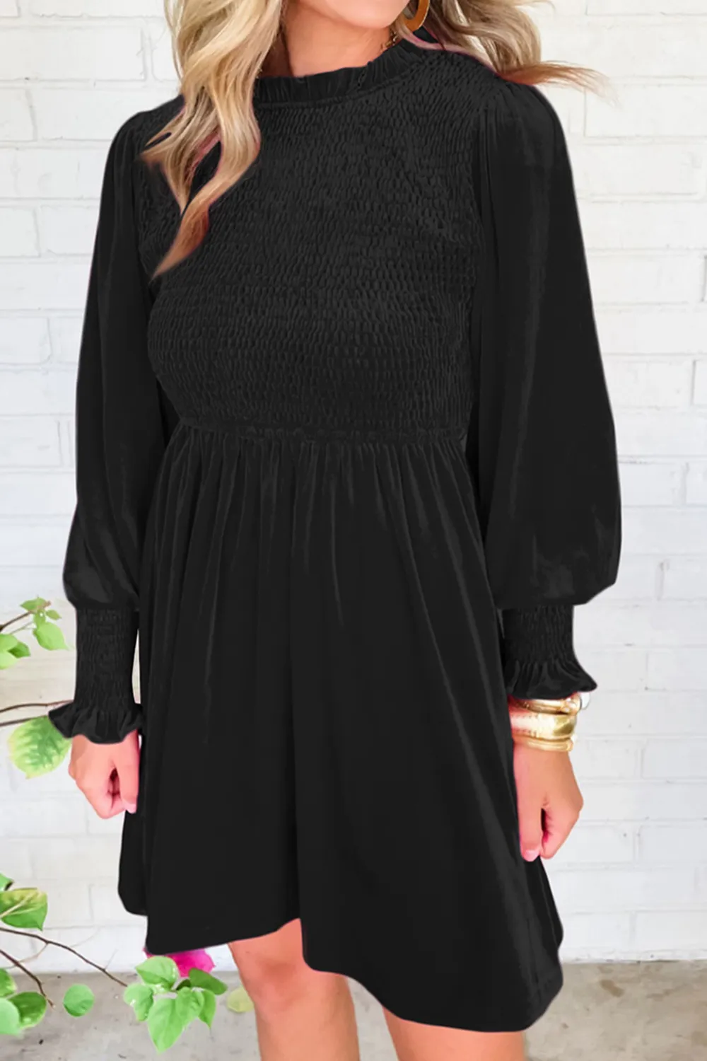 Smocked Round Neck Long Sleeve Dress, image 7