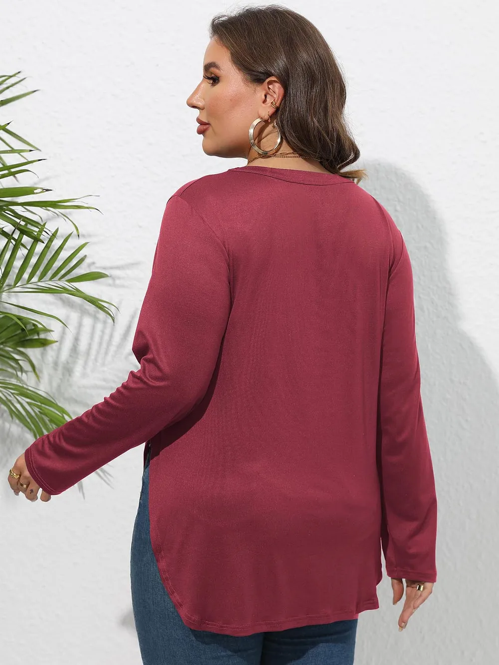 Plus Size Round Neck Long Sleeve Slit T-Shirt, image 16