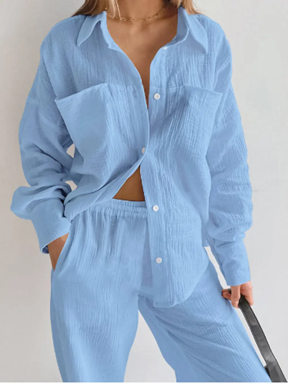 Texture Button Up Long Sleeve Shirt and Pants Set, image 3