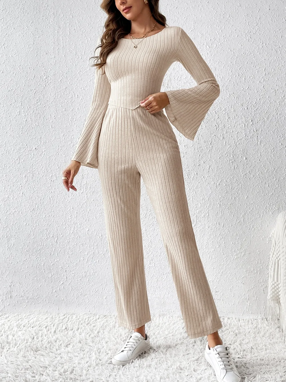 Ribbed Flare Sleeve Top and Pants Set, image 6
