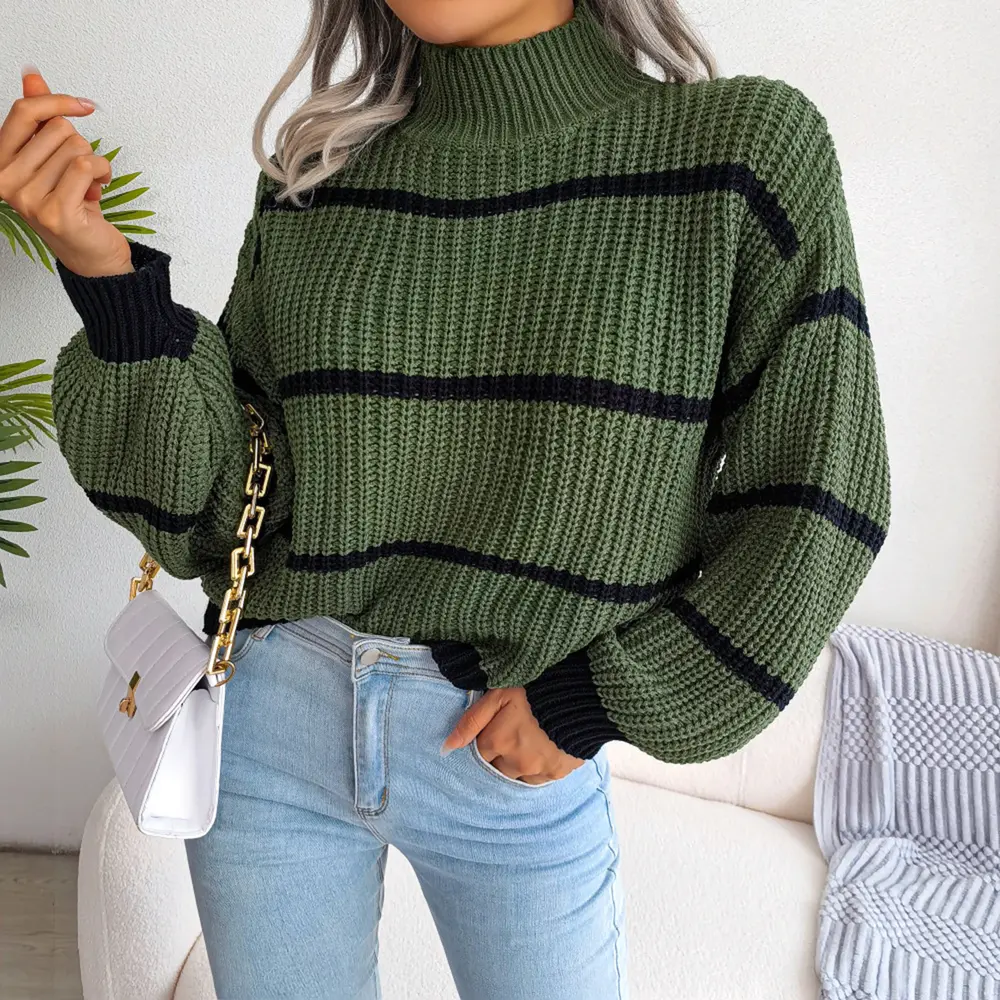 Striped Mock Neck Dropped Shoulder Sweater, image 7