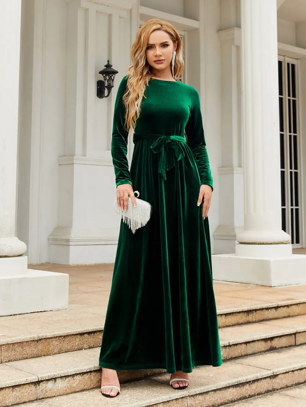 Tie Front Round Neck Long Sleeve Maxi Dress, image 3