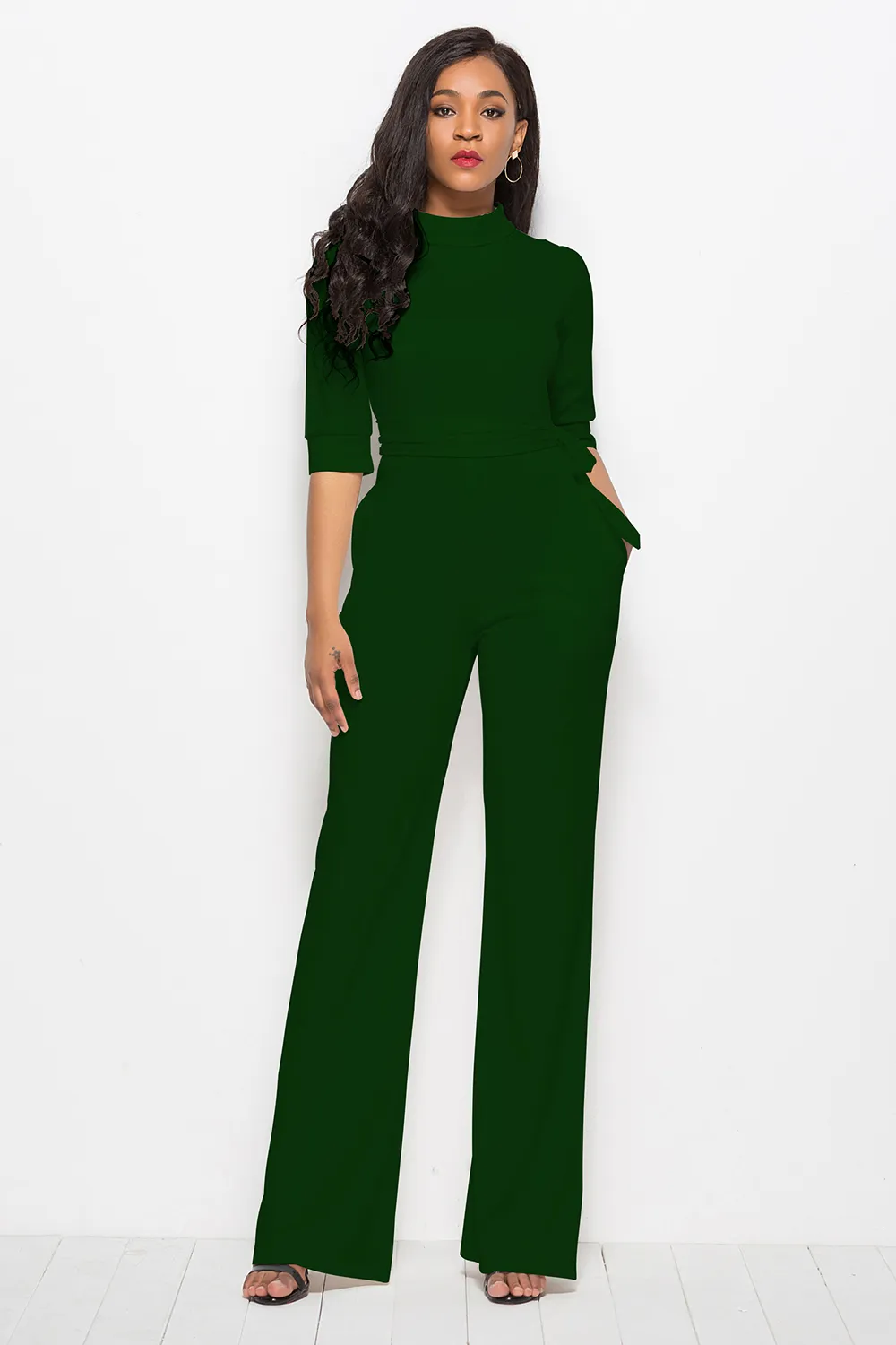Mock Neck Tie-Waist Half Sleeve Jumpsuit, image 3